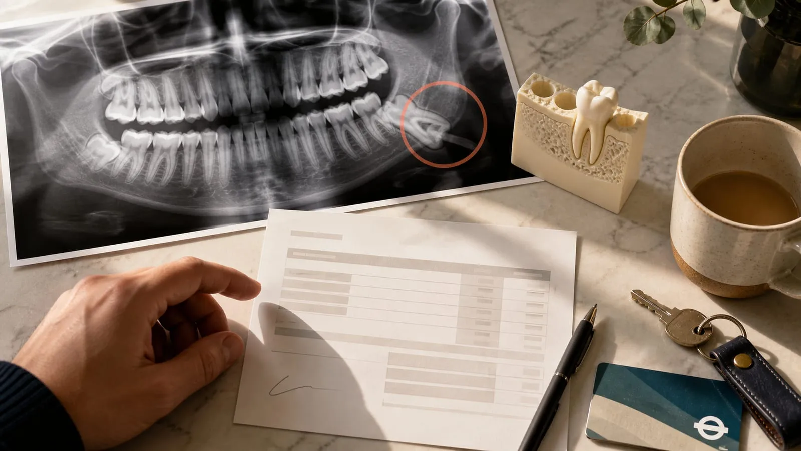 A panoramic X-ray showing an impacted lower wisdom tooth sits beside an erupted tooth model and a softly blurred itemised estimate on a lived-in kitchen table, introducing London Wisdom Tooth Removal.